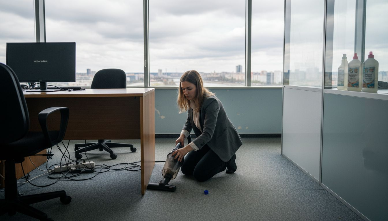 Dôkladné upratovanie pod spoločnými pracovnými stolmi v kancelárii