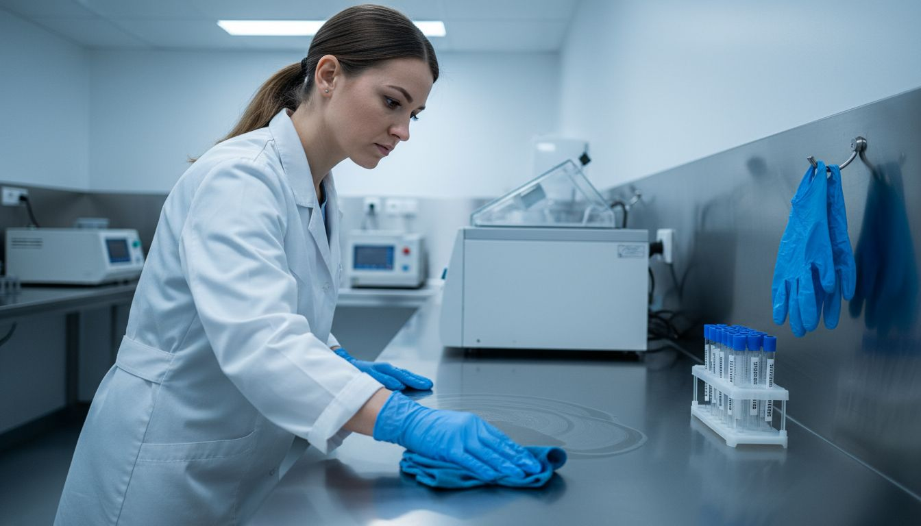 Technik dôkladne čistí nerezový pracovný pult v laboratóriu.