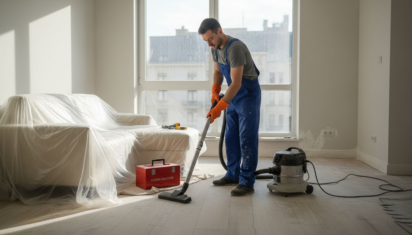 Upratovačka vysáva prach z podlahy v čerstvo zrekonštruovanom byte.