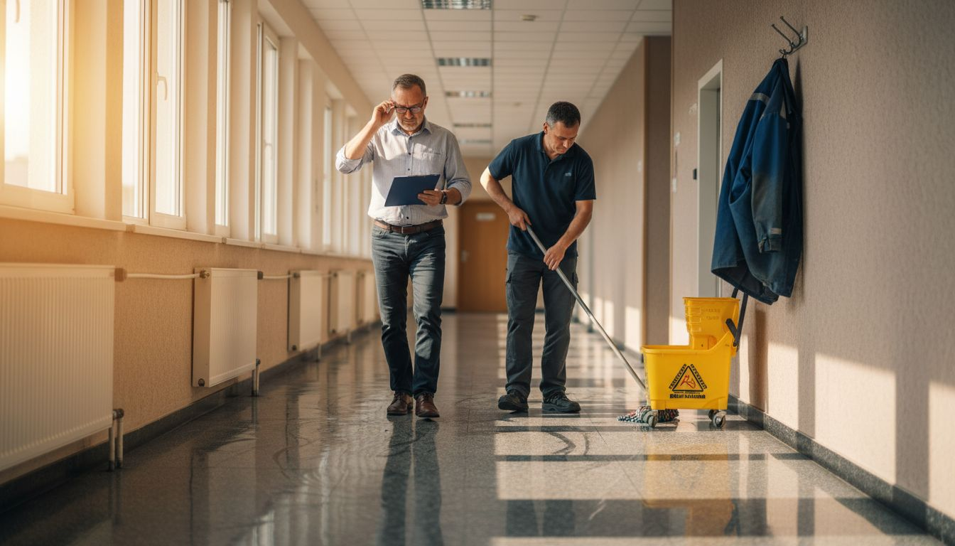 Správca budovy dohliada na tím upratovačov, ktorí spolupracujú pri čistení chodby.