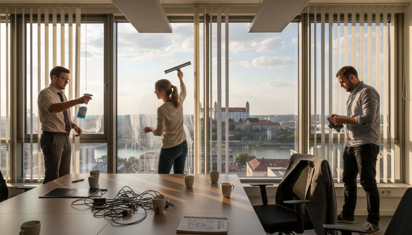 Zamestnanci umývajú okná na mestskom úrade.