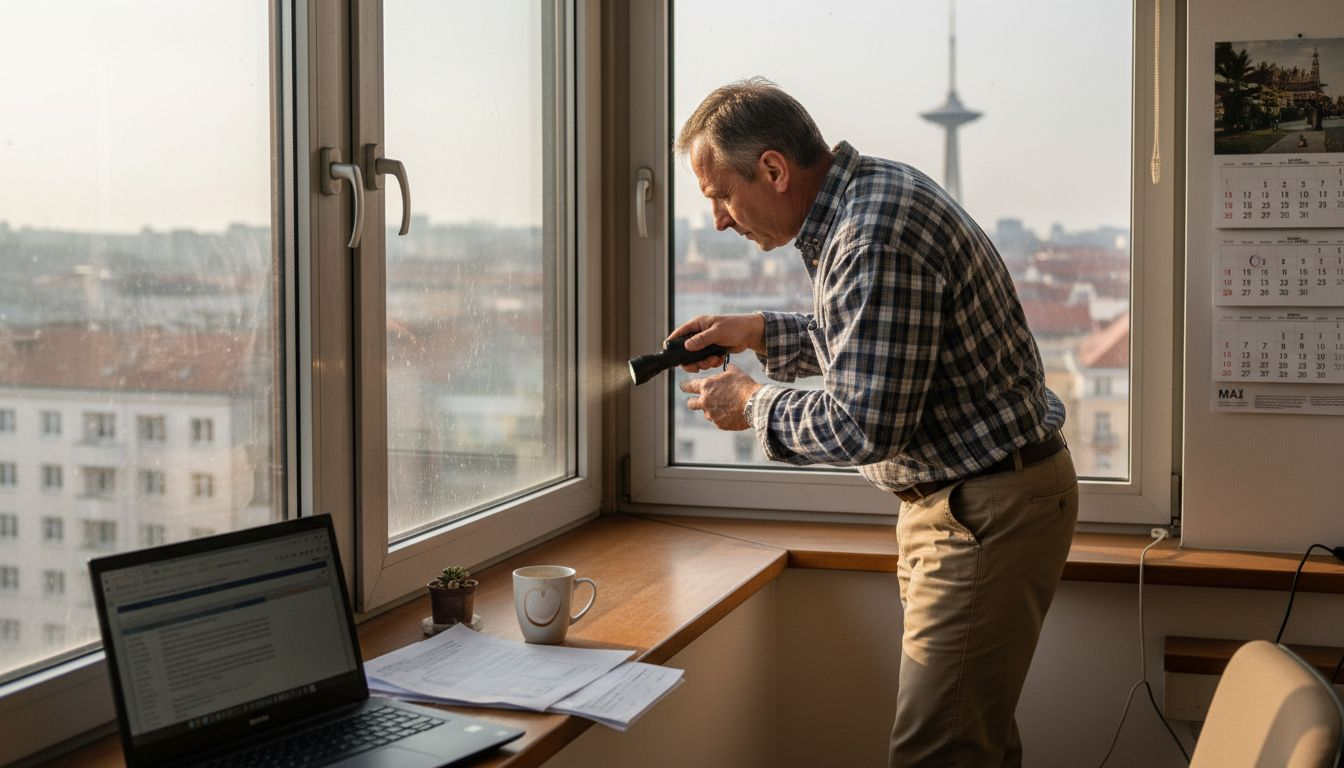 Správca budovy kontroluje tesnenie okna v kancelárii.