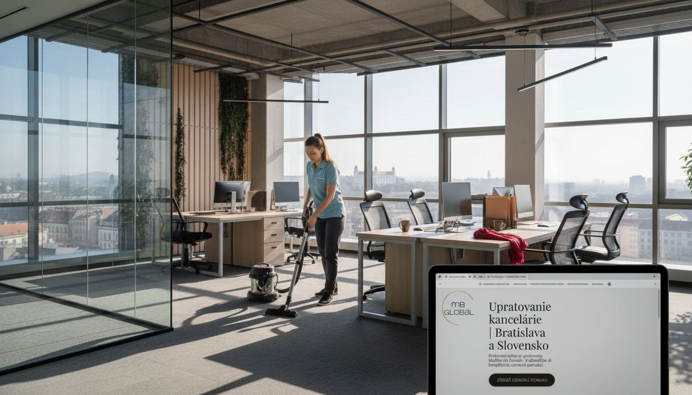 Upratovačky pracujú v presvetlenej kancelárii na rohu budovy.