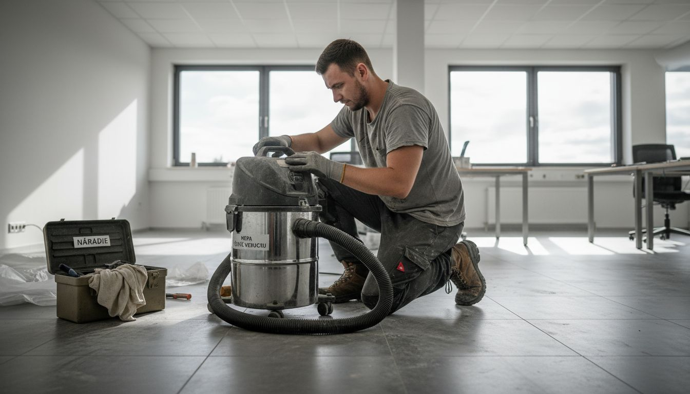 Technik kontroluje filter HEPA vysávača