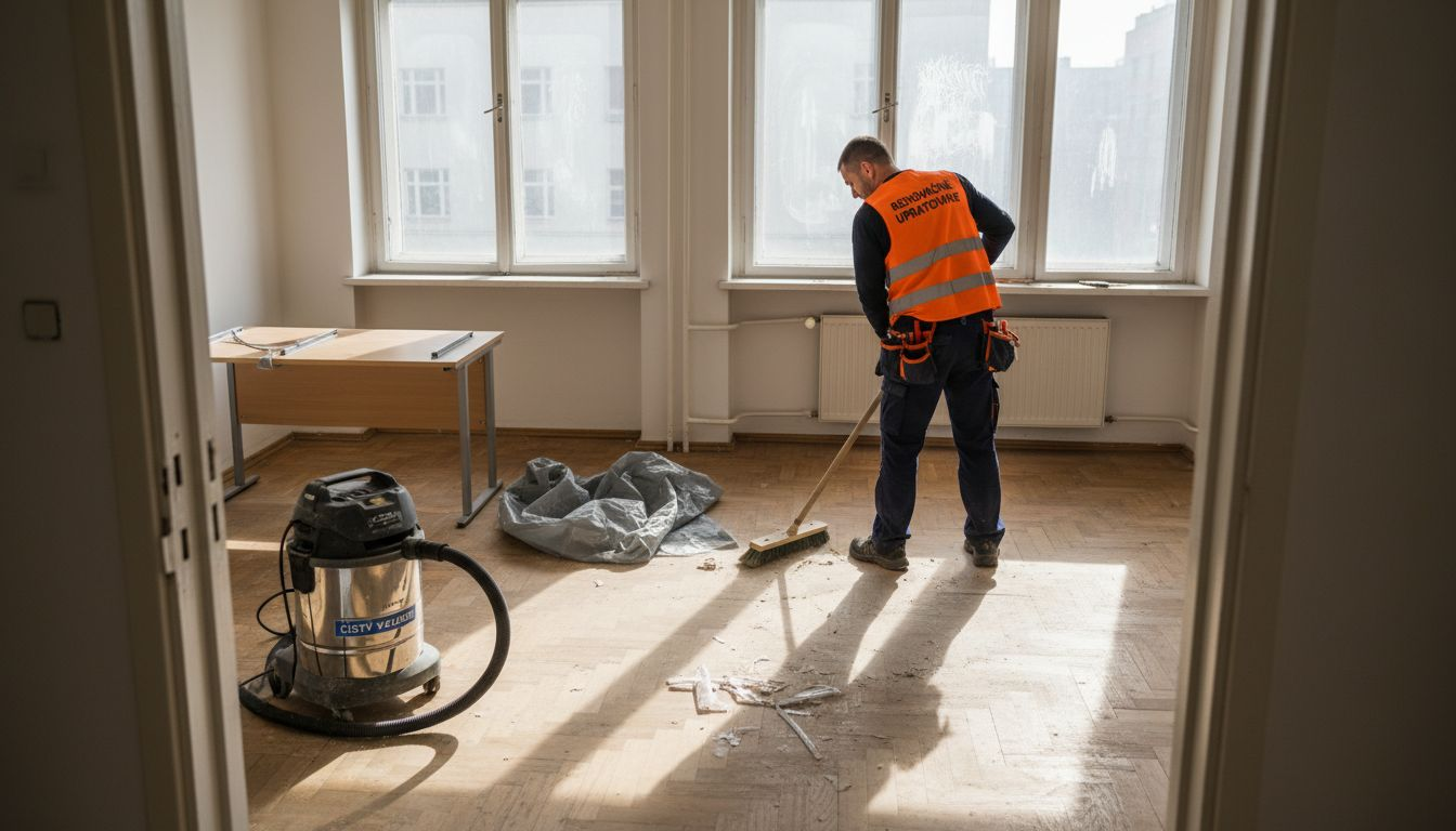 Upratovačka zametá prach v novo zrekonštruovanej kancelárii.