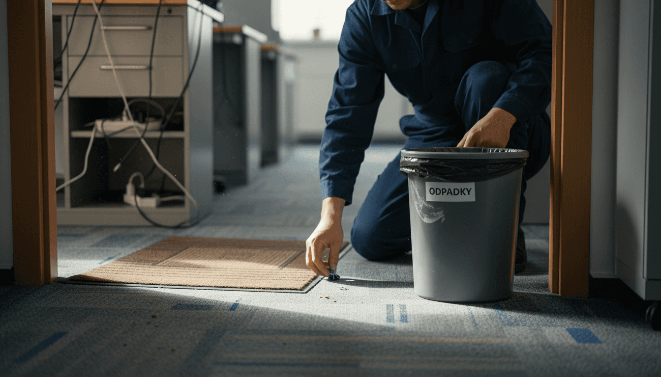 Upratovač dôkladne čistí koberec v kancelárii