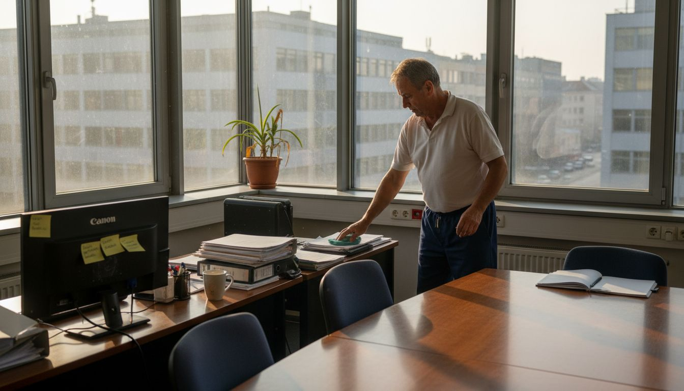 Upratovačka ráno utrie prach zo stola, keď do kancelárie preniká prvé svetlo.