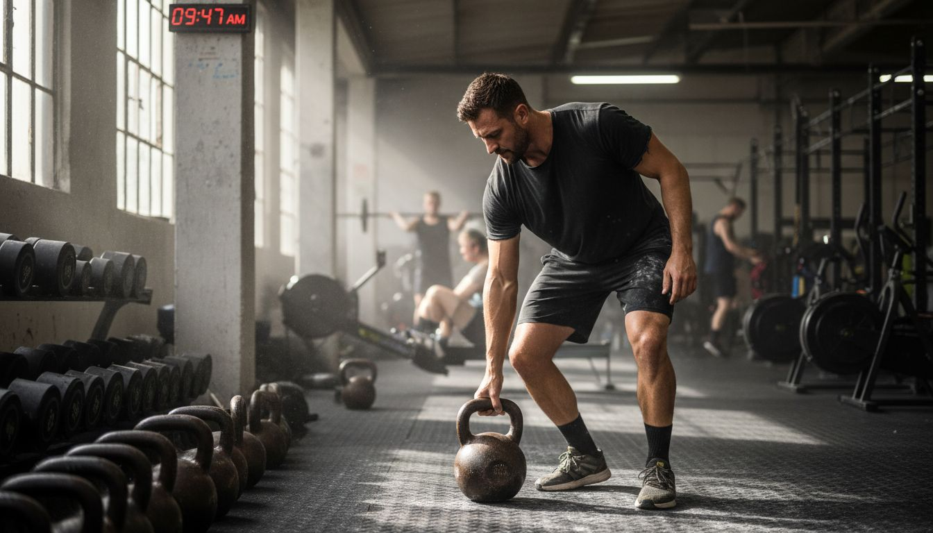 Athlete selecting kettlebell in active gym