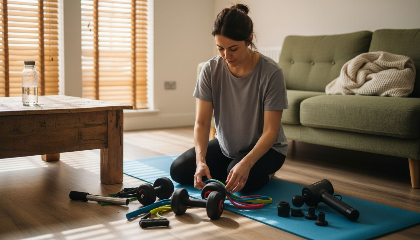 Beginner using fitness accessories in sunlit living room