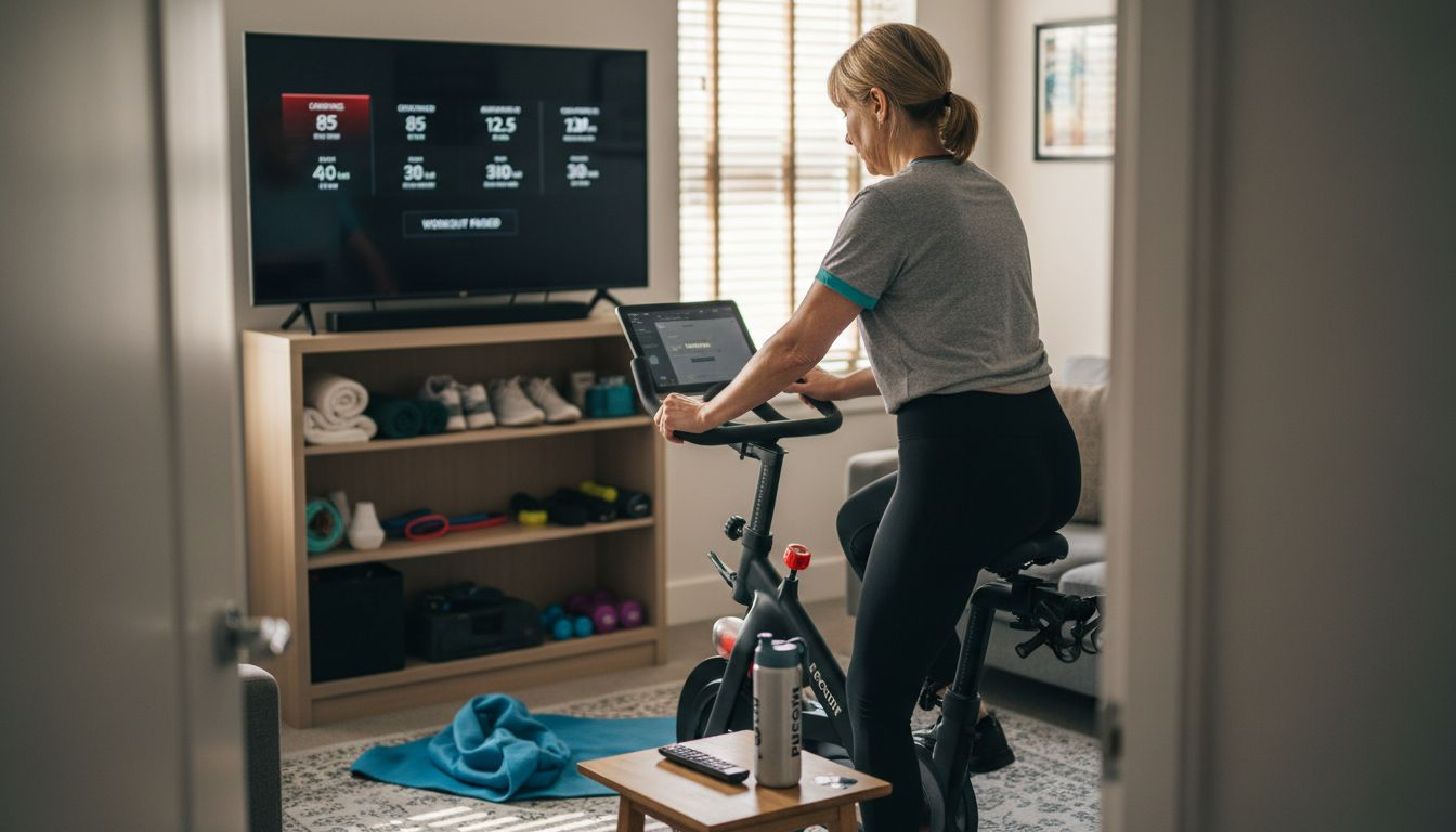 Woman adjusting smart bike in home gym