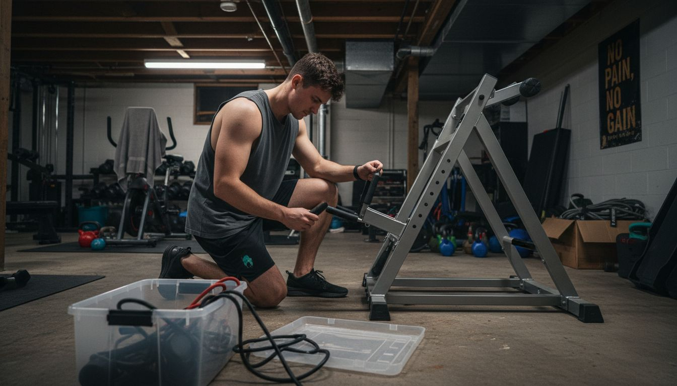 Man checks compact gym equipment setup