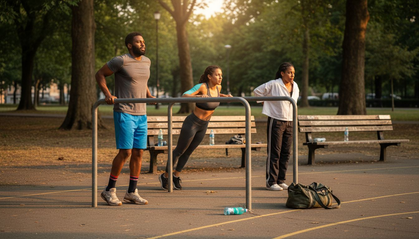 Group doing calisthenics in urban park setting