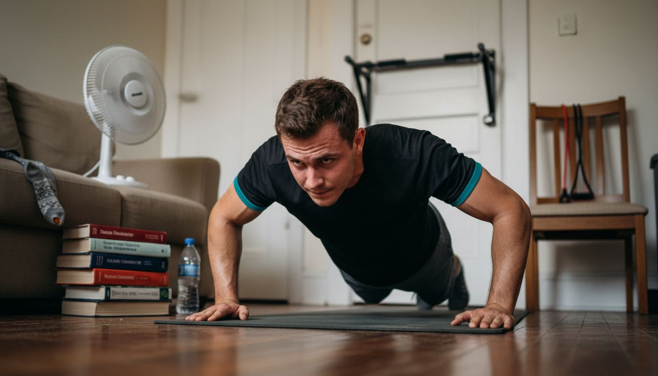 Man doing push-ups in small apartment