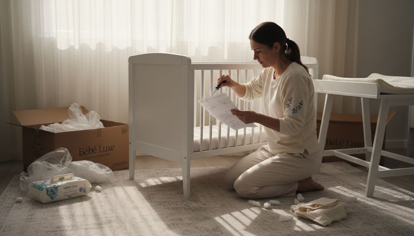 Mother assembling baby crib in nursery