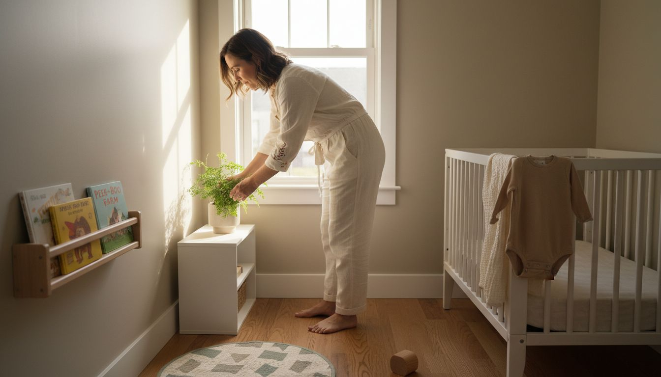 Mother arranging plant in eco-friendly nursery