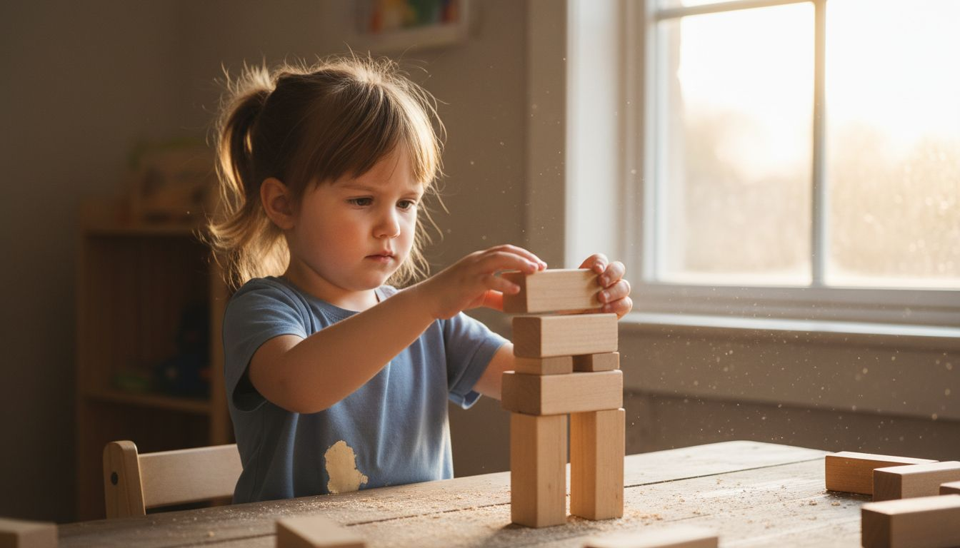 Child focusing on building with wooden blocks