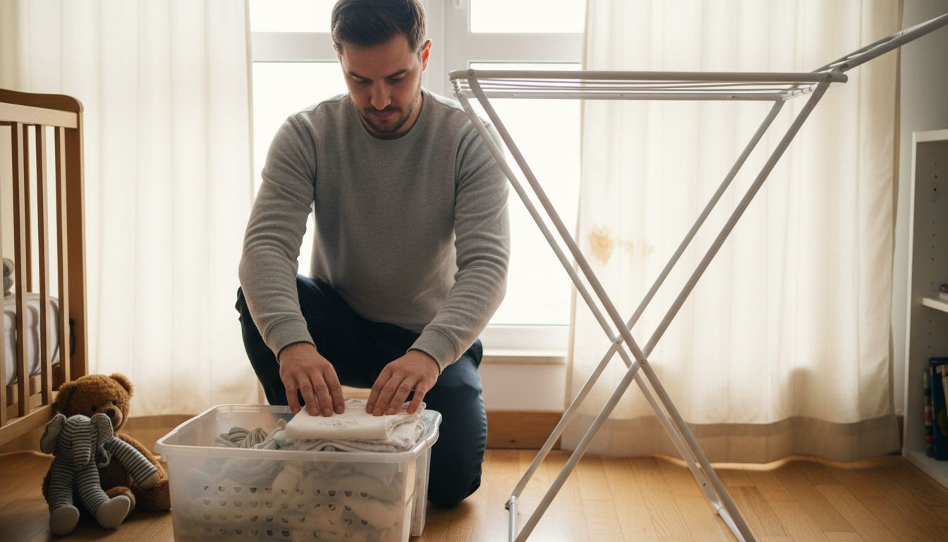 Father dries and stores babywear in bedroom