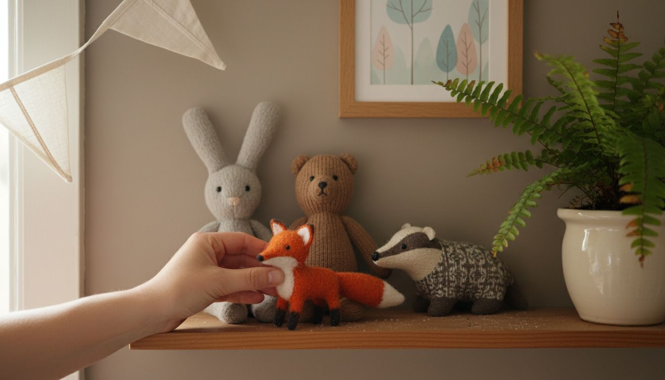 Woodland themed neutral nursery shelf details