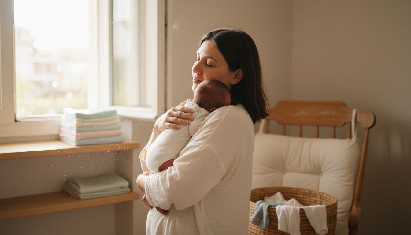 Mother holding newborn in organic baby onesie