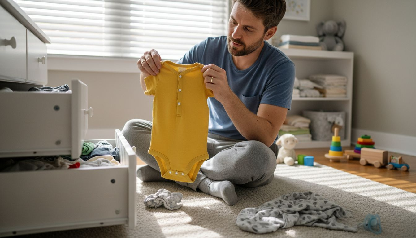 Father selects practical baby clothes in nursery