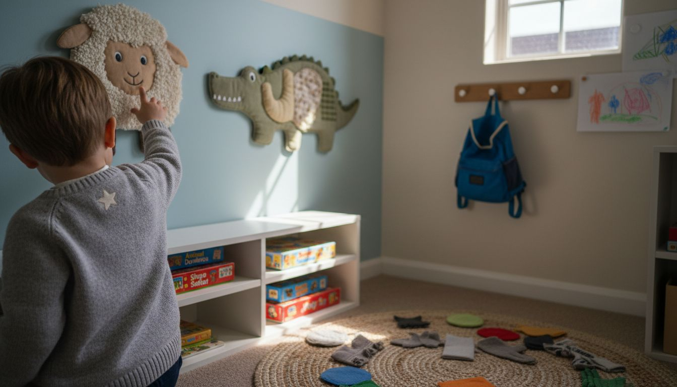 Child exploring interactive wall art in nursery