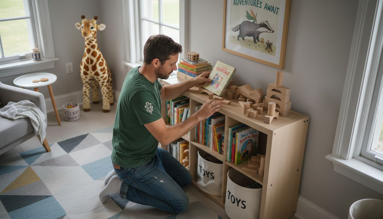 Sorting toys on modular nursery shelves