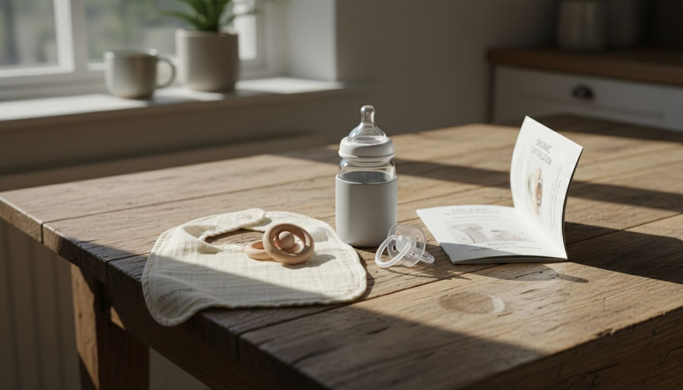 Eco-friendly baby accessories on rustic kitchen table