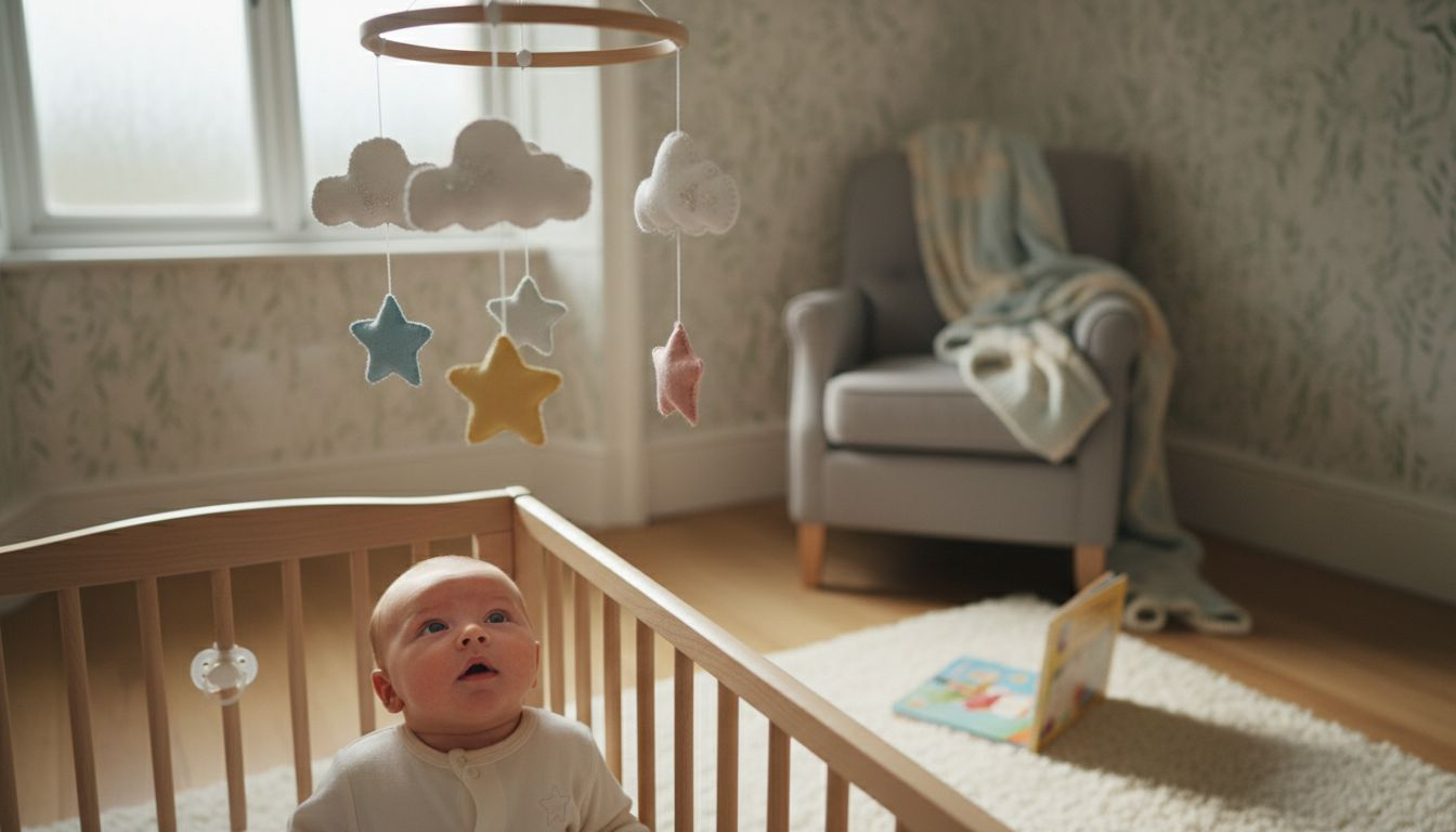 Baby watching felt nursery mobile above cot