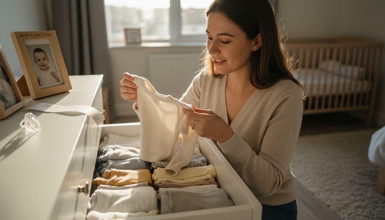 Mother choosing quality baby clothes from drawer