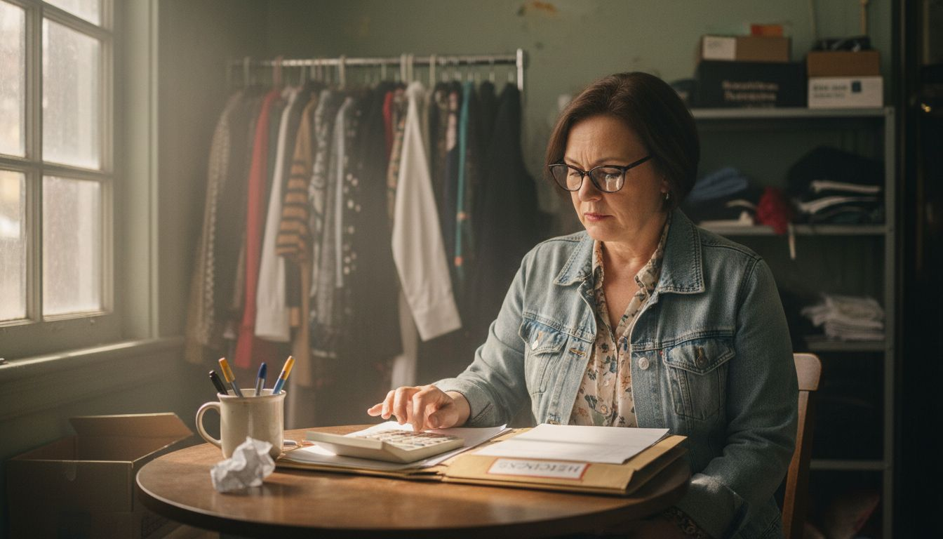 Shop owner calculating bulk clothing savings