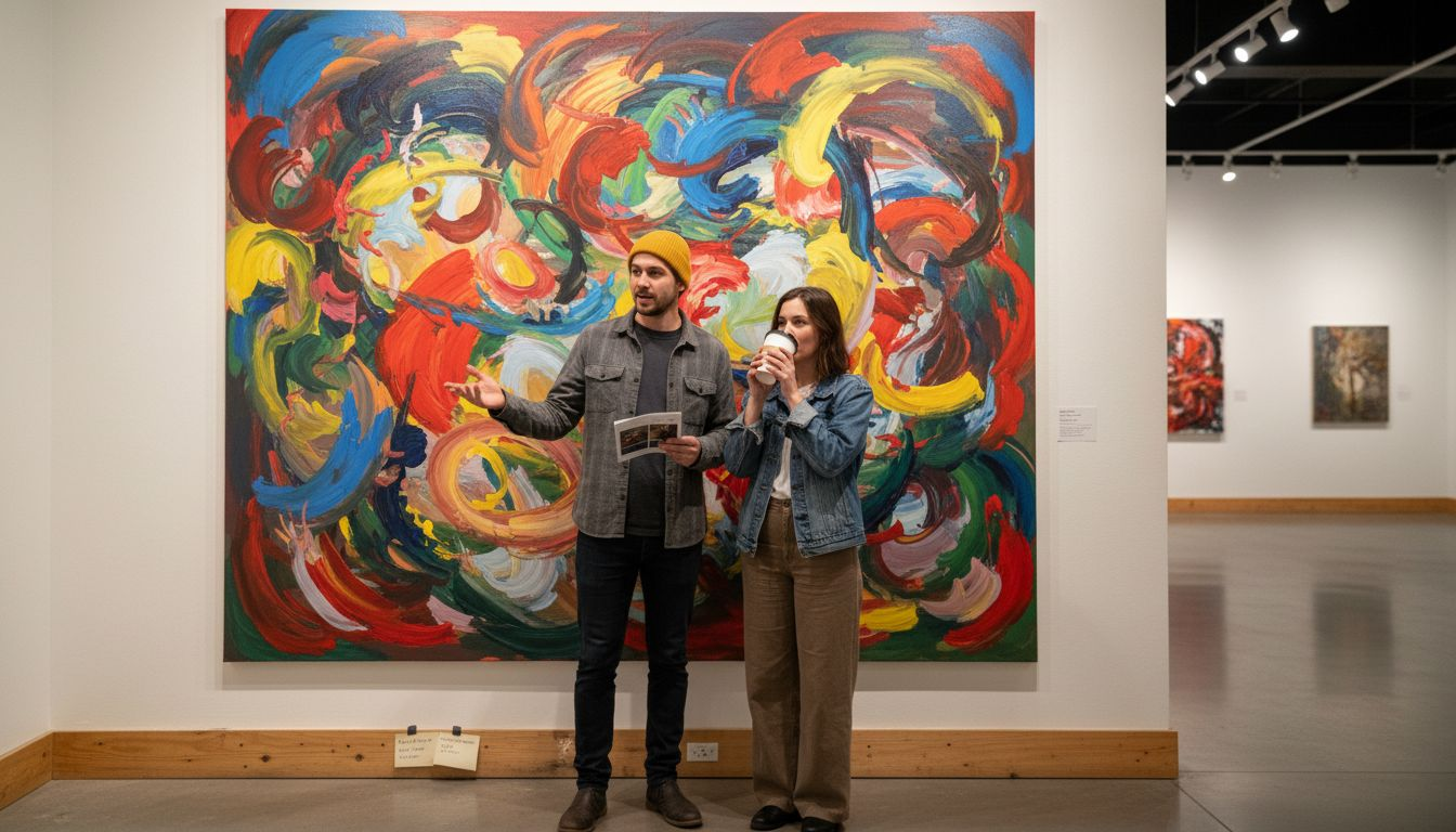 Friends discuss abstract art in gallery