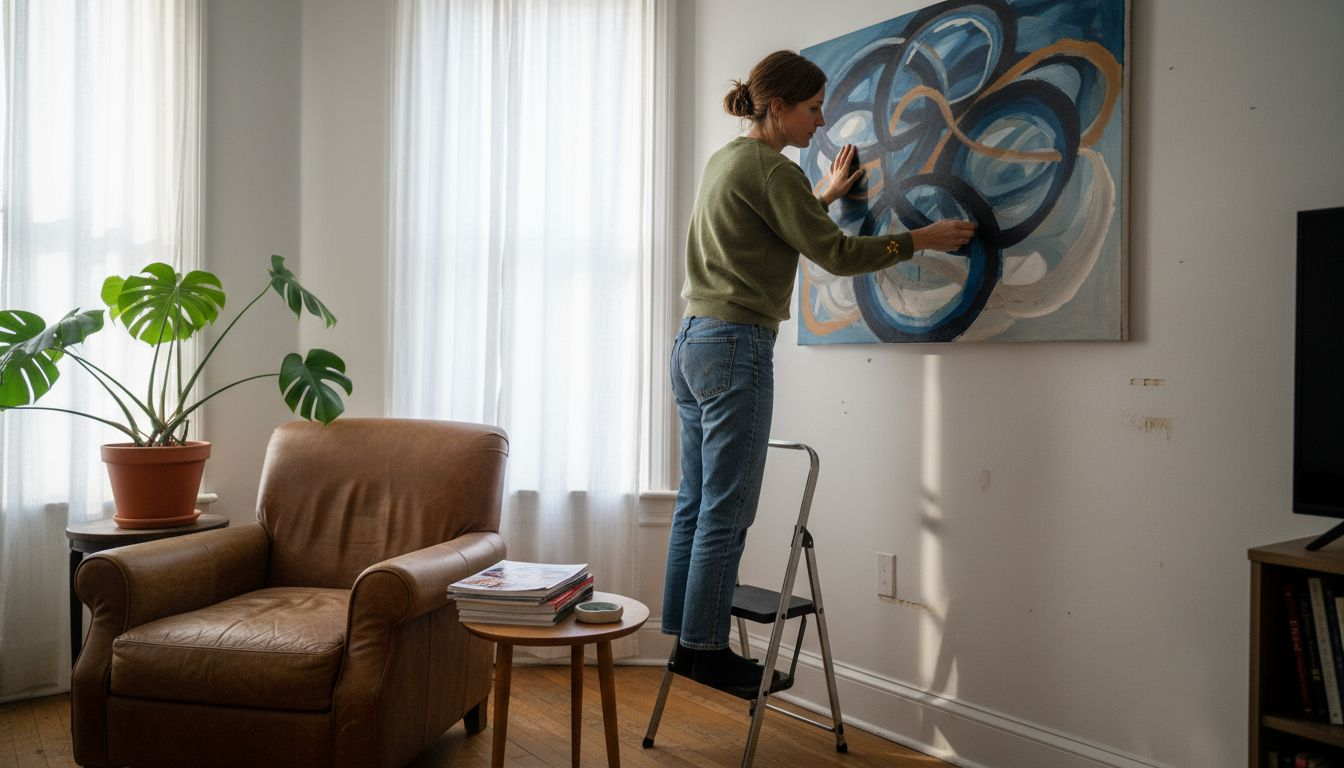 Woman hanging abstract painting in home