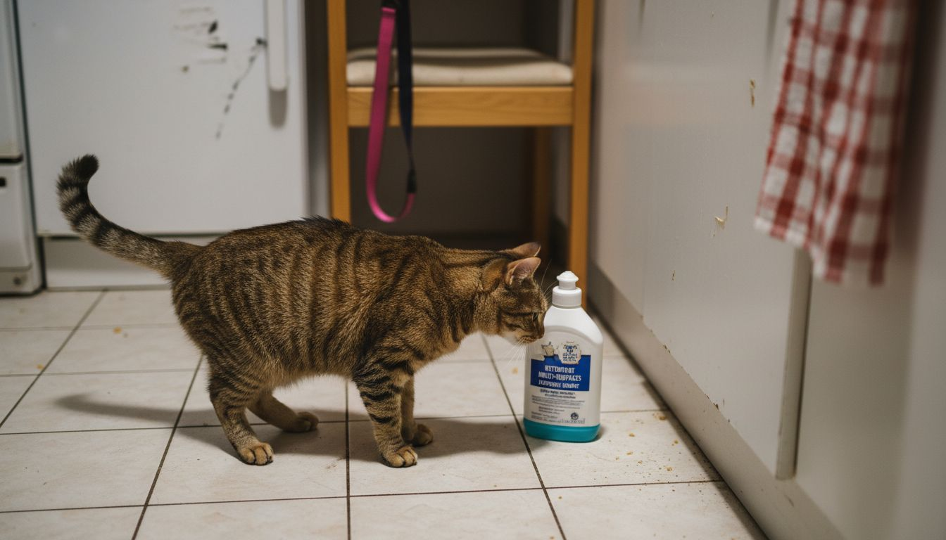 Un chat curieux fouine dans la cuisine, au milieu de produits potentiellement dangereux.