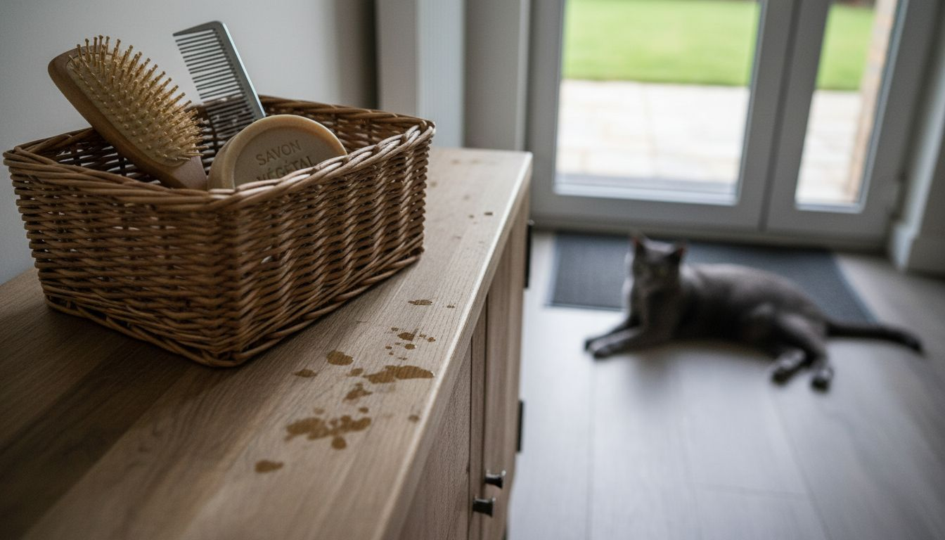 Des accessoires de toilette éco-responsables joliment disposés sur une commode