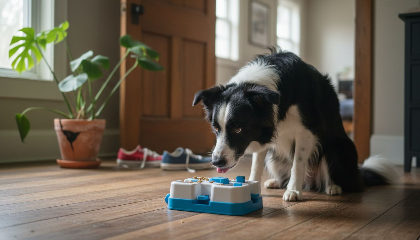 Un border collie fait preuve d’ingéniosité en résolvant un jeu interactif à la maison.