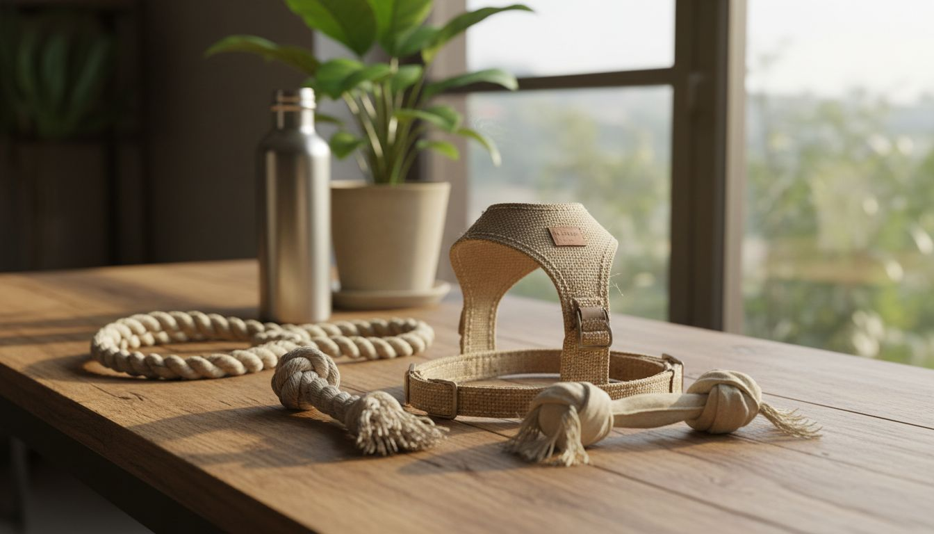 Des accessoires écoresponsables pour chiens présentés sur une élégante table en bois brut.