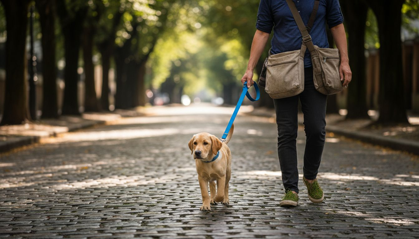 Un chien promené par son maître avec une laisse en nylon