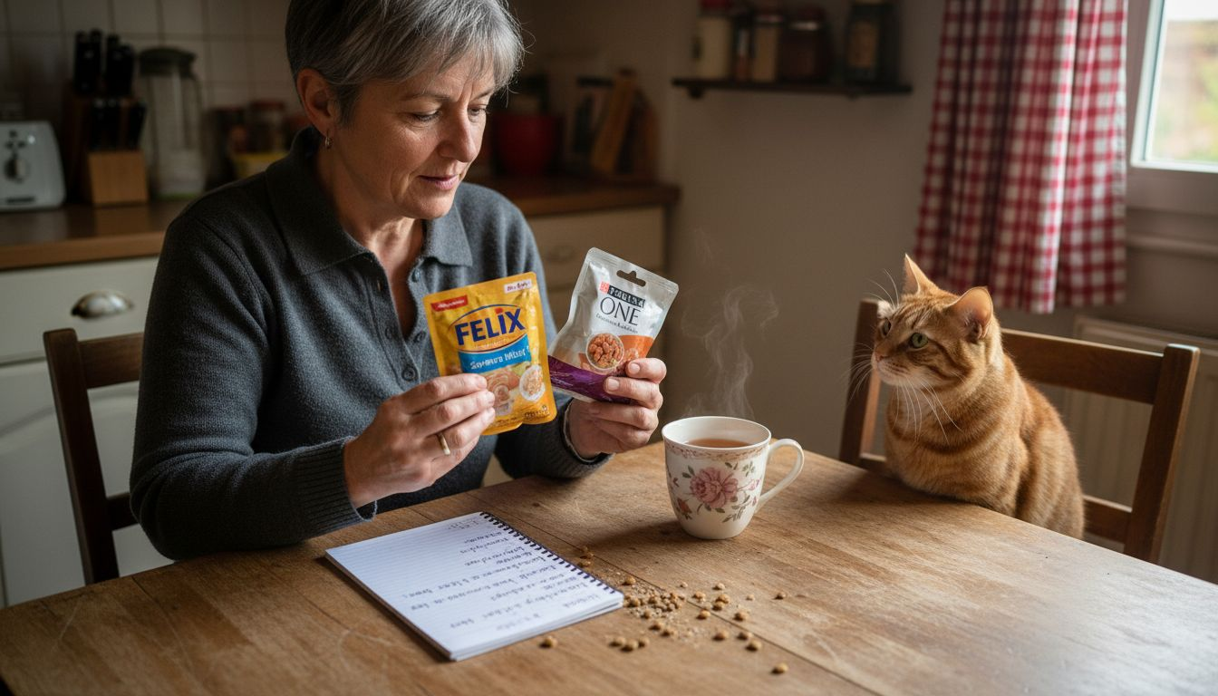 Une femme prend le temps de lire attentivement les étiquettes des aliments pour chat avant de faire son choix.