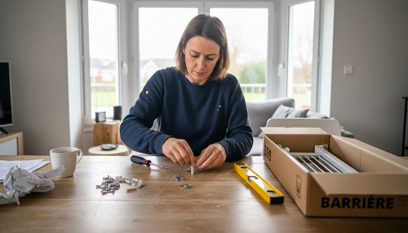 Une femme s'apprête à installer une barrière pour chien en réunissant tous les outils nécessaires.
