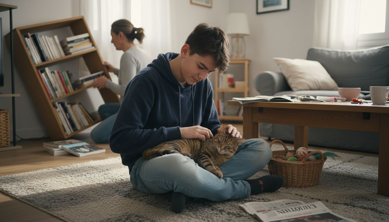 Un adolescent est assis dans le salon, caressant doucement son chat allongé sur le tapis.