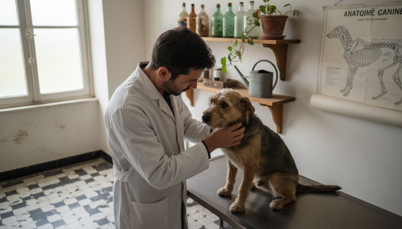 Un vétérinaire spécialisé en soins naturels ausculte un chien lors d'une consultation à la clinique.