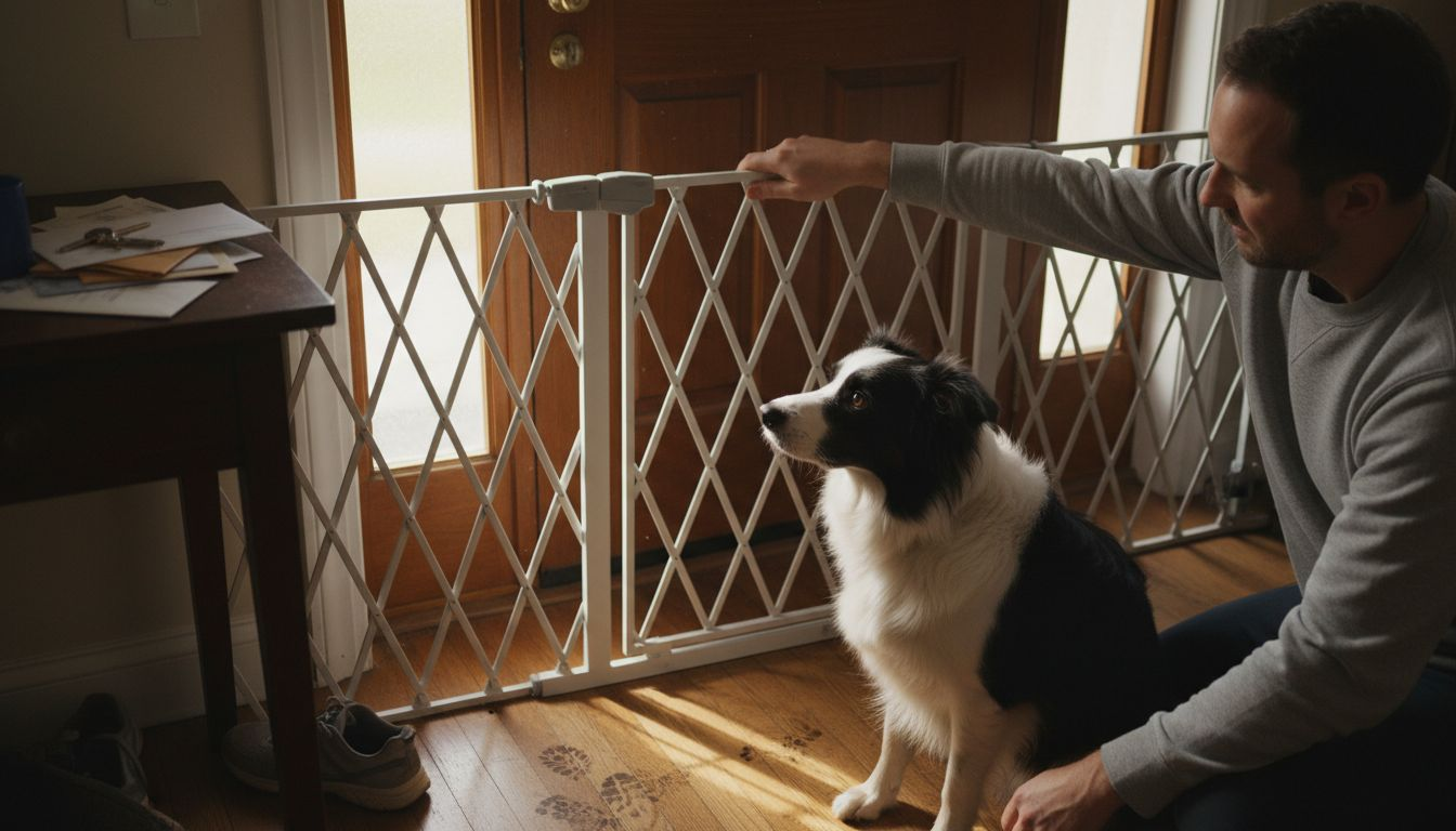 Pose d’une barrière de sécurité sous l’œil attentif de notre chien curieux