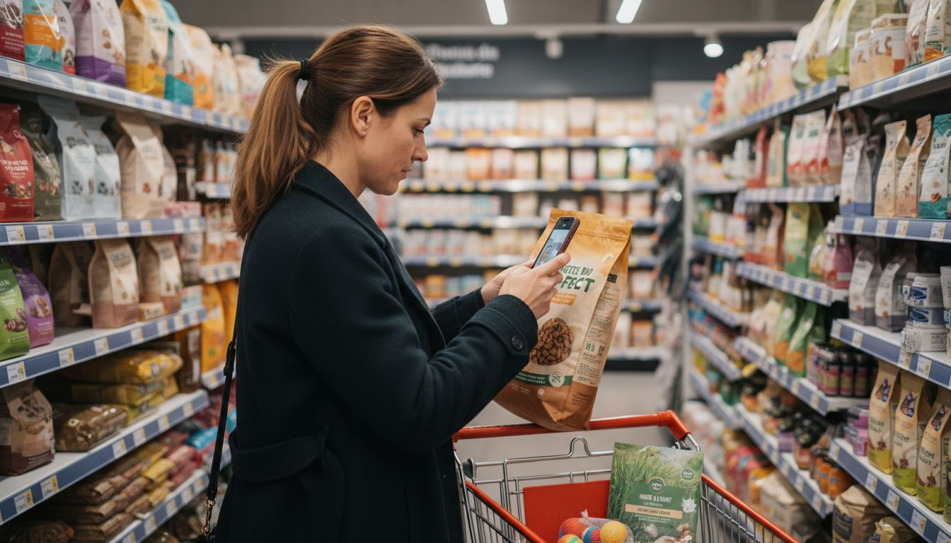 Une femme prend en photo l’étiquette d’un paquet de croquettes bio pour chat.