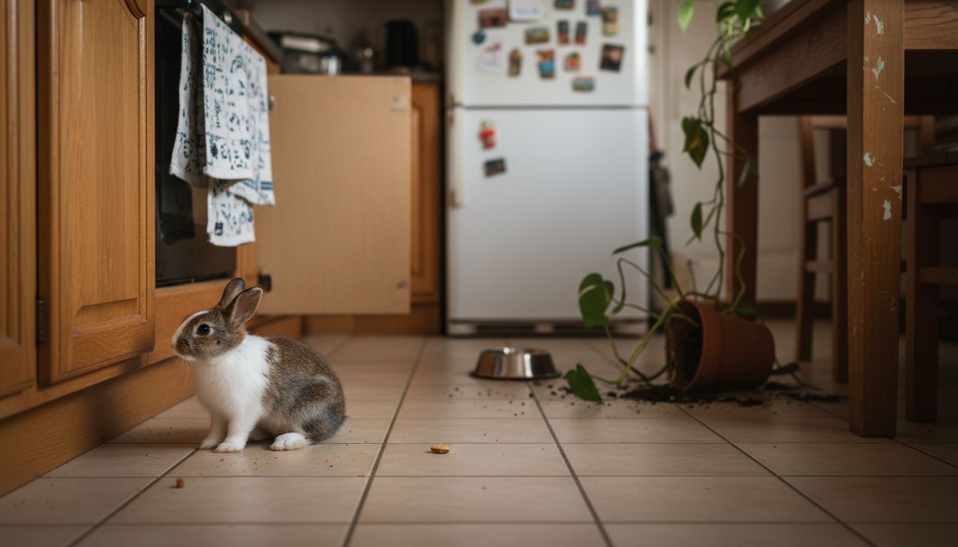 Un jeune lapin se promène dans la cuisine, entouré de dangers bien visibles.