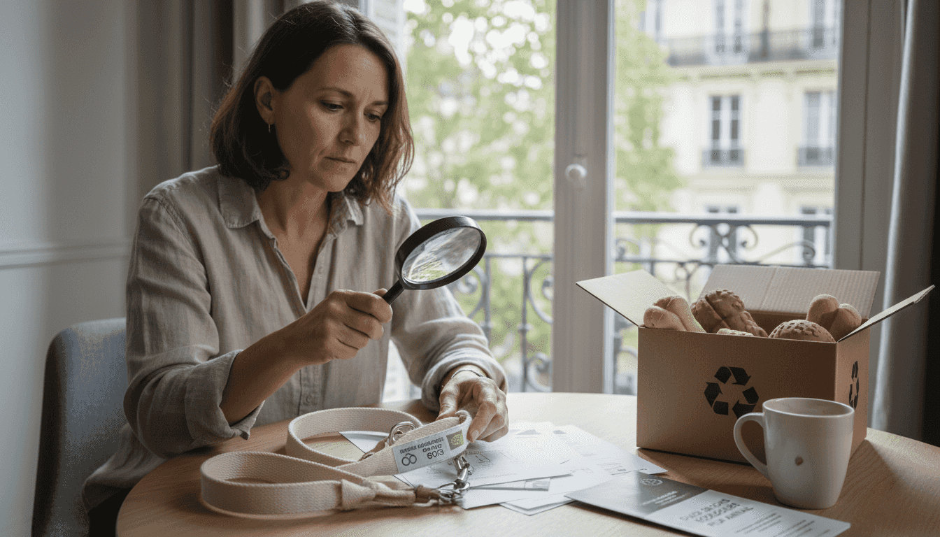 Une femme observe attentivement une laisse pour chien portant un label écologique.