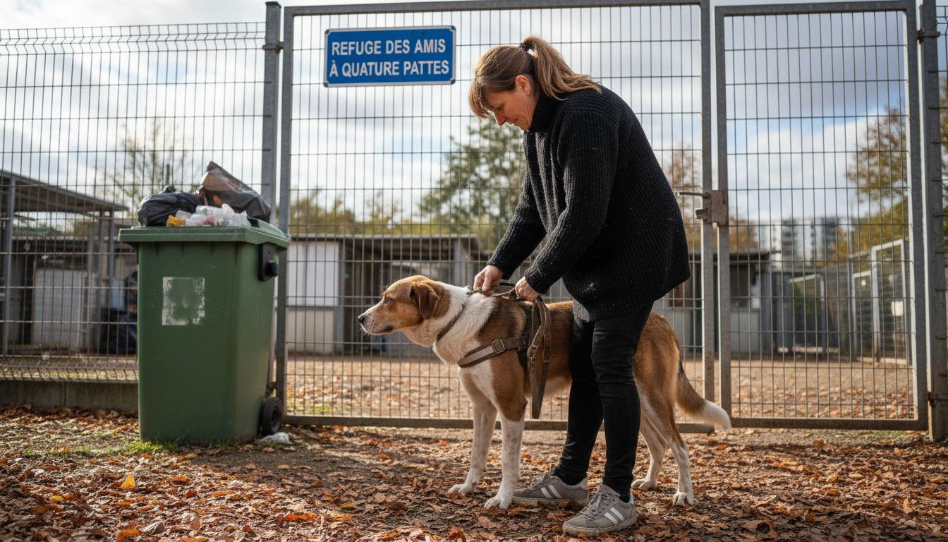 Un bénévole sort un chien pour une promenade devant le refuge.