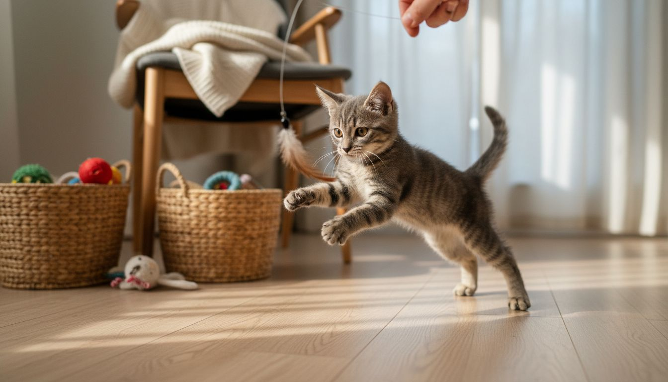 Un chat s’élance pour attraper un jouet à plumes