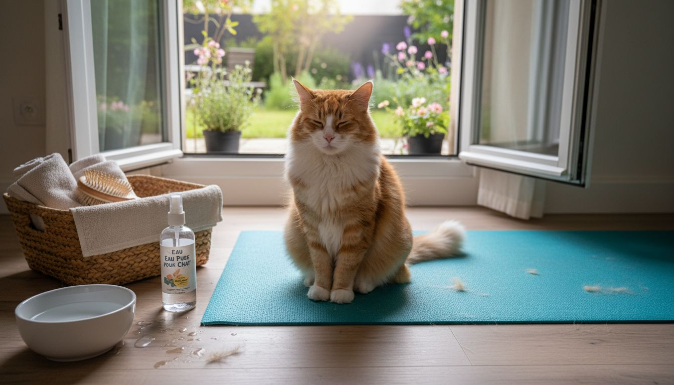 Un chat profite d’un espace de toilettage écologique, pensé pour son bien-être et parfaitement aménagé.