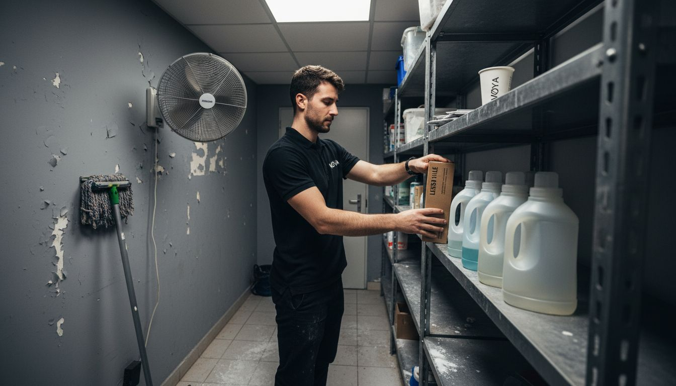 Le personnel range les feuilles de lessive écologiques à côté des bouteilles.