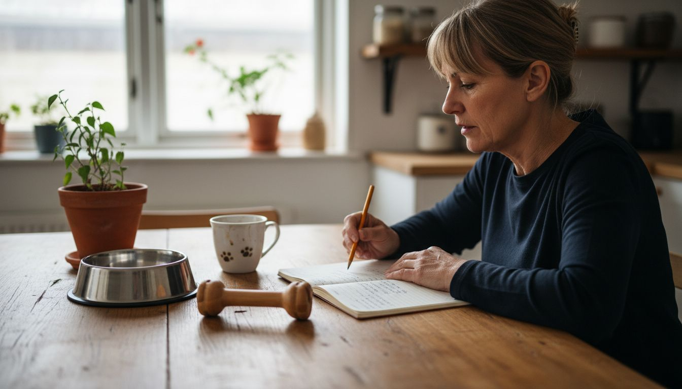 Une femme prend le temps de découvrir des produits écoresponsables posés sur une table en bois.